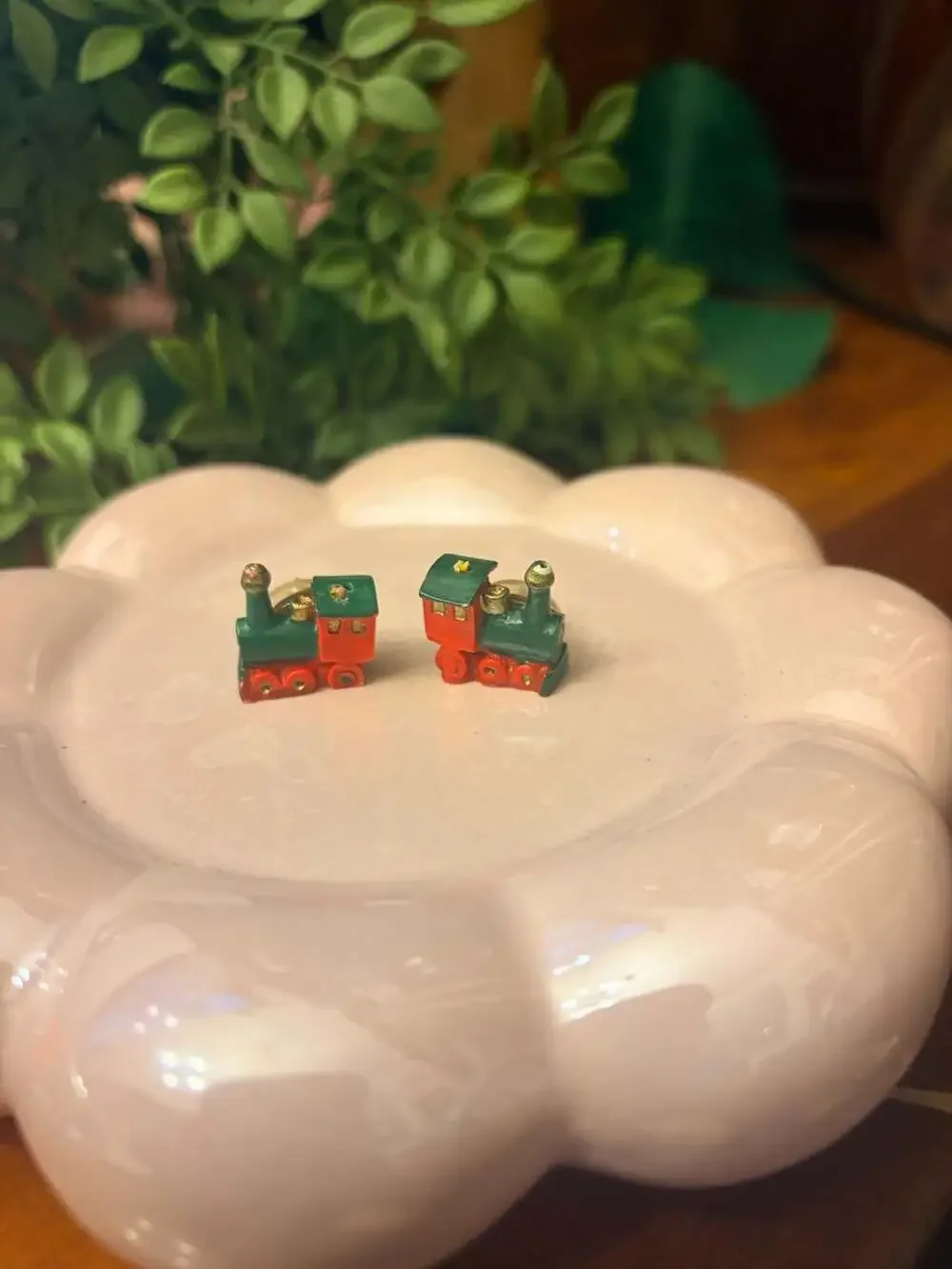 Vintage Christmas Train Engine Stud Earrings in Red and Green